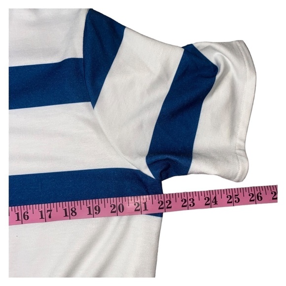 Belinda Cinched Waist with Tie Blue and White Striped Short Sleeve Mini Dress - Picture 6 of 7